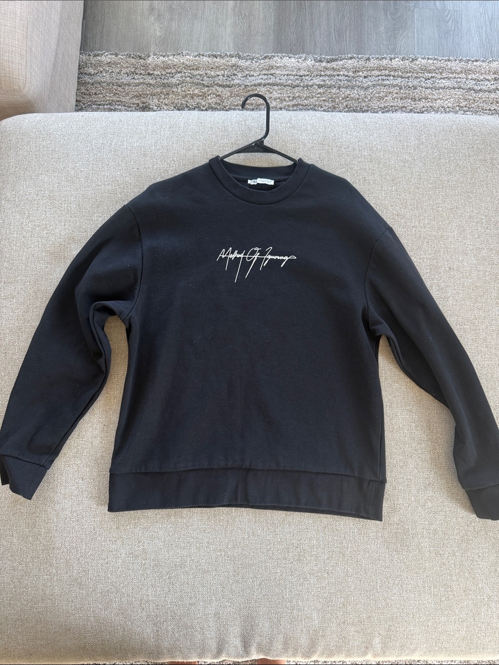 Zara Black Crewneck Sweatshirt with White Script Logo - Men